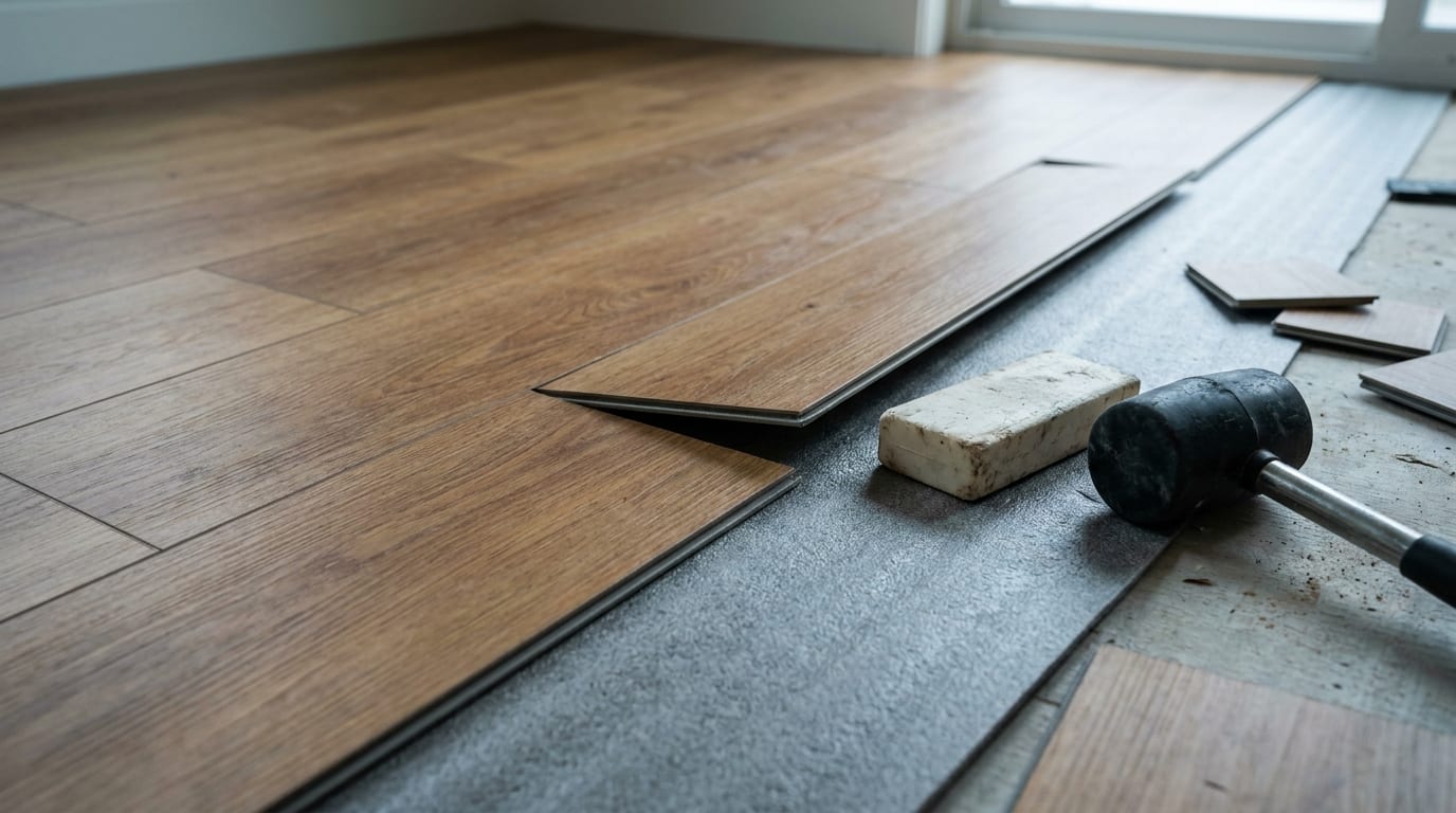 Wide oak-grain vinyl plank flooring part-laid, one plank angled mid-click with a tapping block and mallet beside it