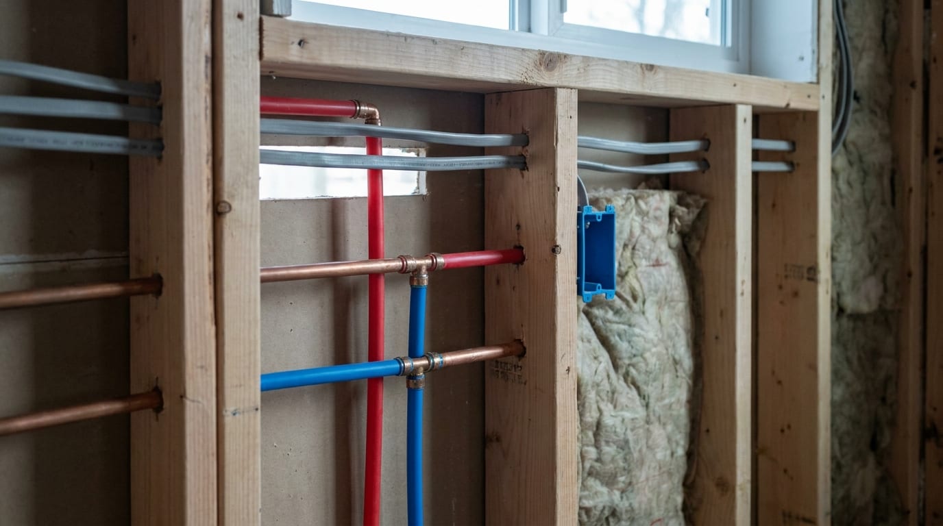Rough-in services in an open stud wall: red and blue water lines, tidy parallel cable runs and an outlet box on a stud