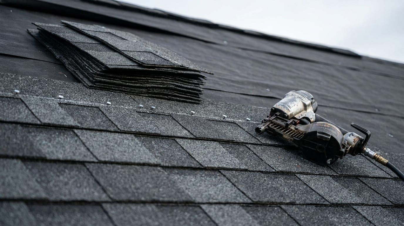 Charcoal architectural shingles being laid in overlapping courses over black underlayment, an open bundle alongside